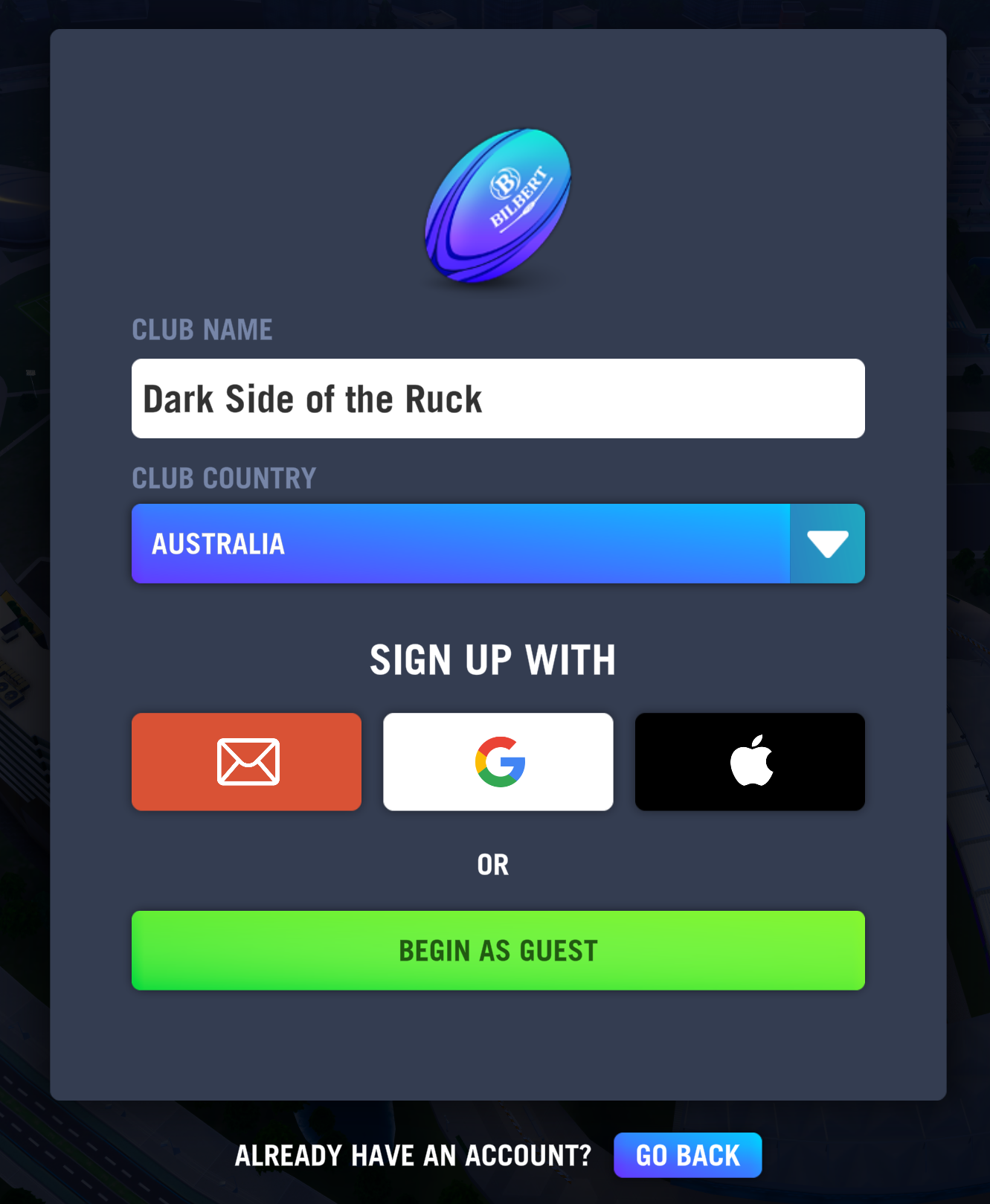 Blackout Rugby club creation screen showing email, Google, and Apple sign-up options
