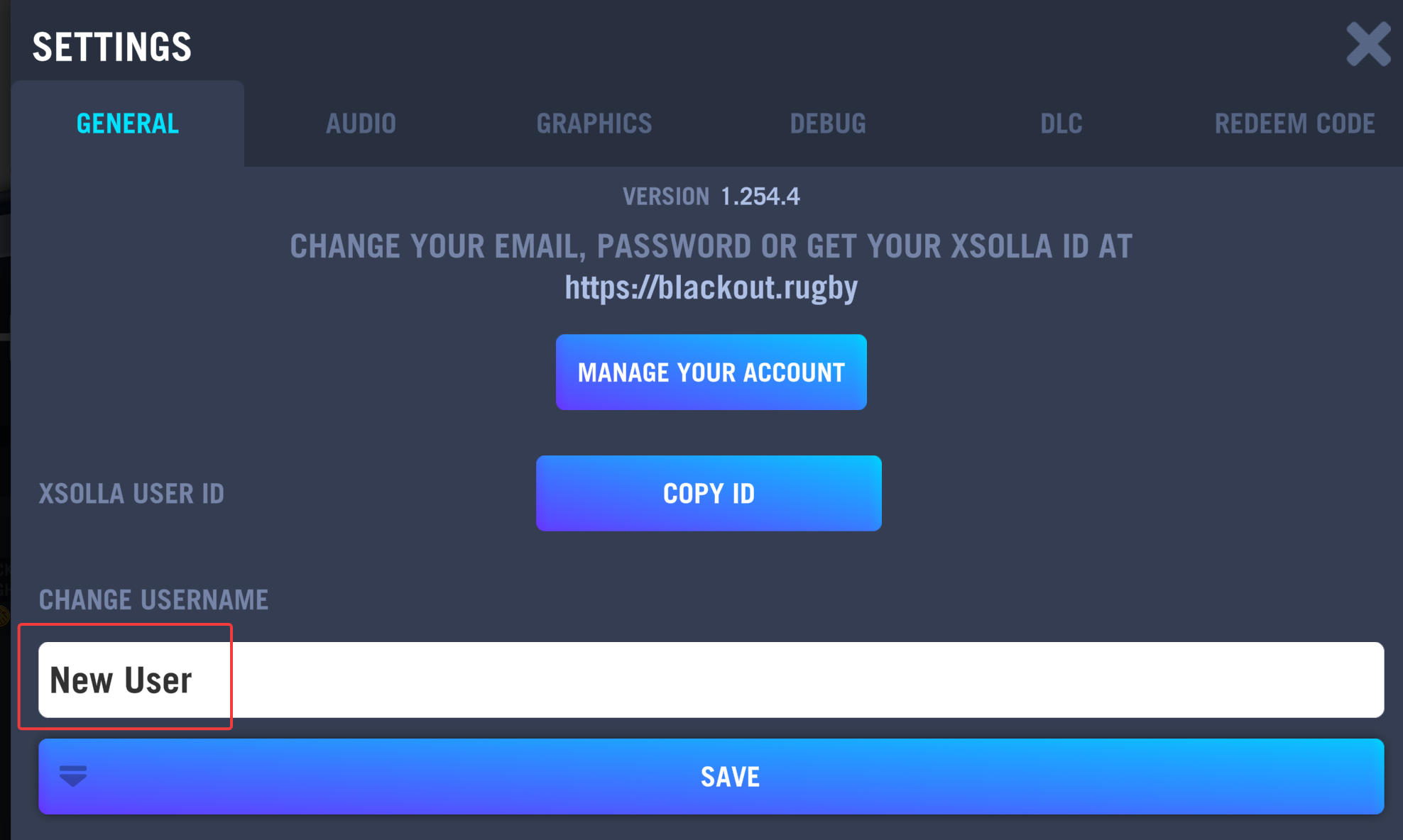 Blackout Rugby settings screen showing the generic New User manager name