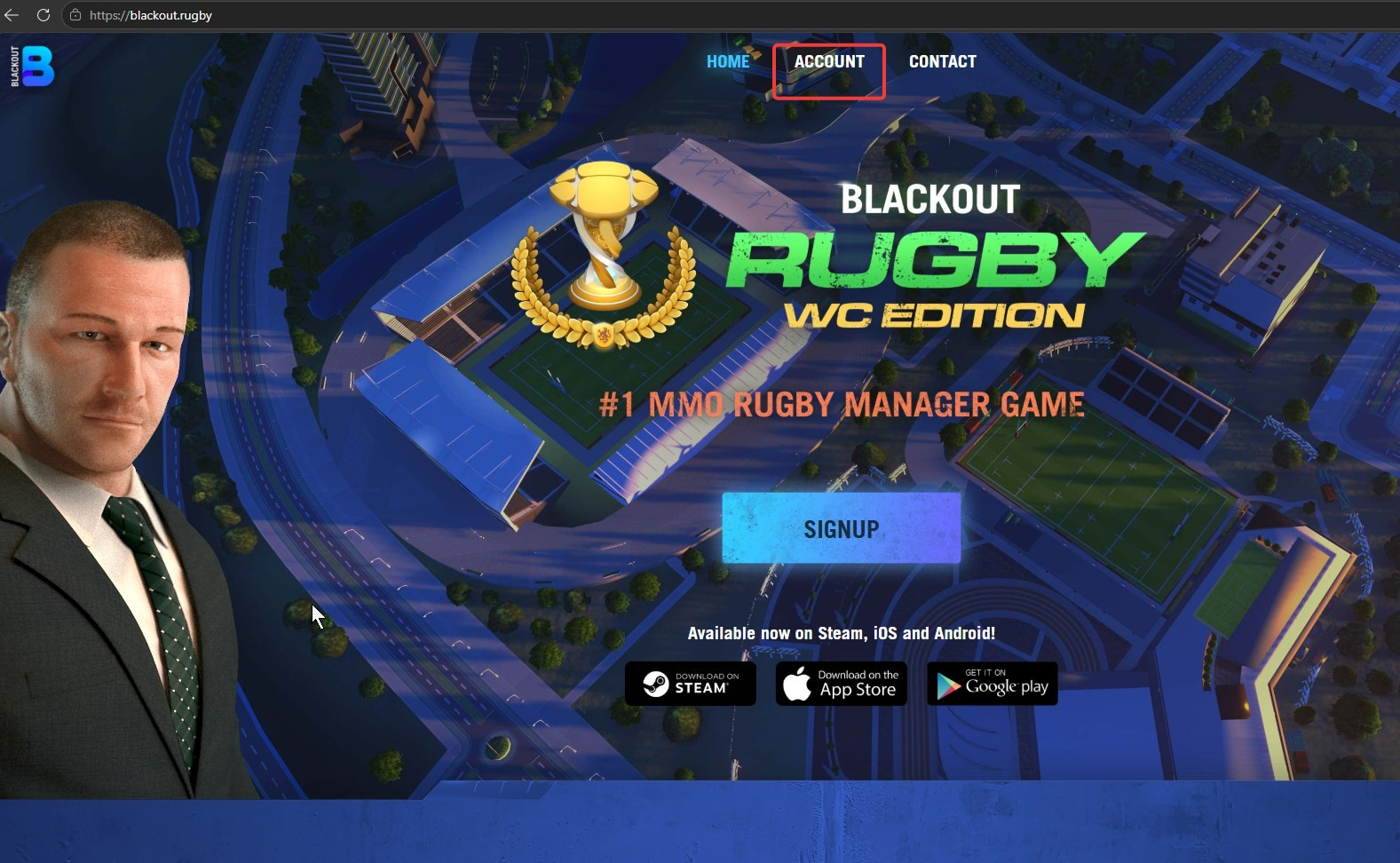 Blackout Rugby home page with the Account menu highlighted