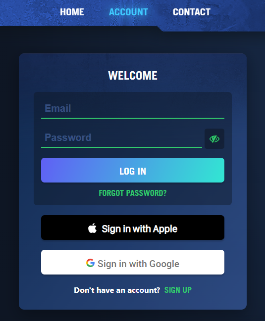 Blackout Rugby account sign-in screen showing email, Apple, and Google sign-in options