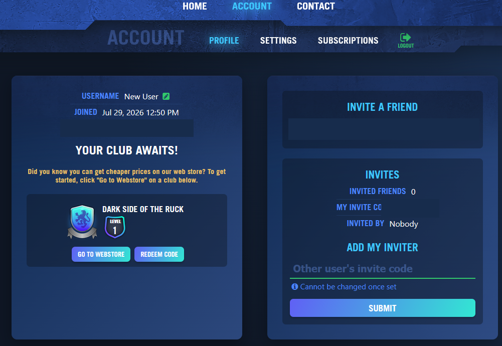 Blackout Rugby account profile overview with private account fields redacted