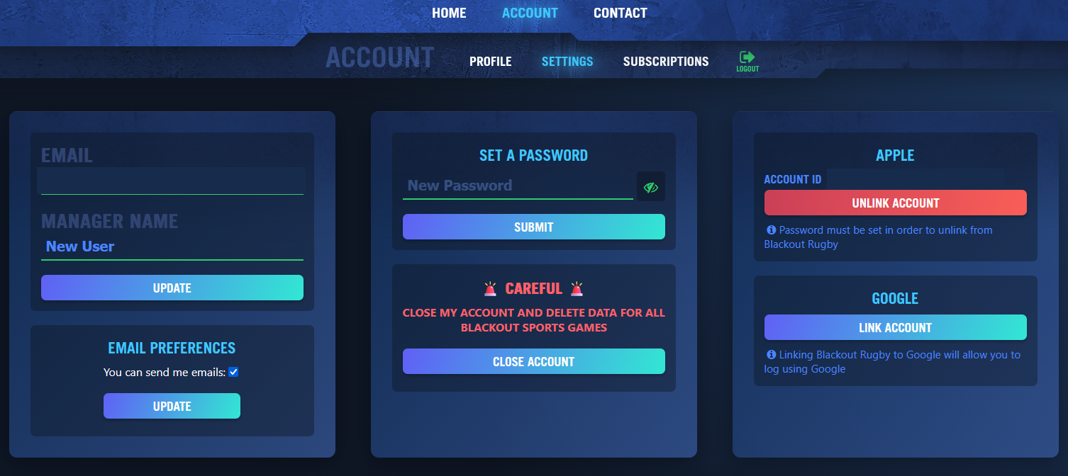 Blackout Rugby account settings with private email and account identifiers redacted