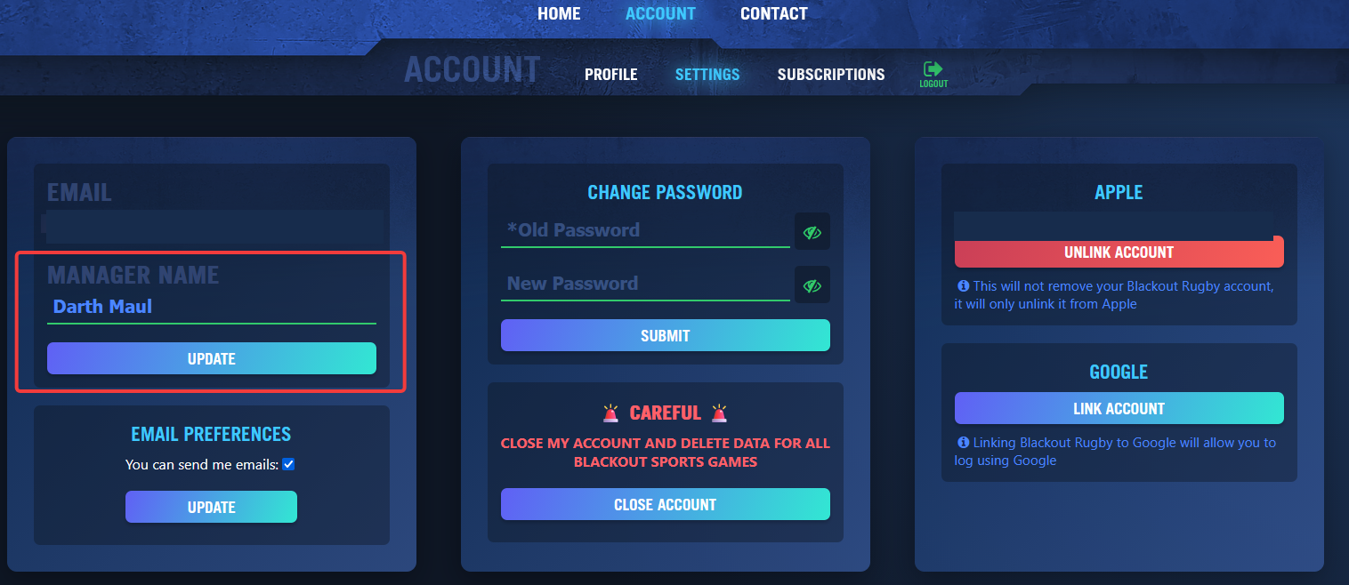 Manager name field in account settings with private identifiers redacted