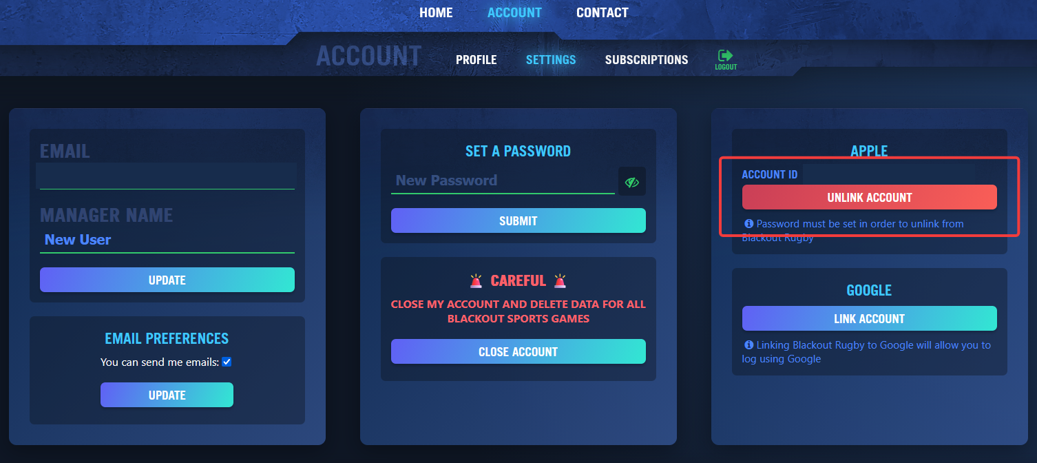 Account settings screen showing the single sign-on unlink area with private identifiers redacted