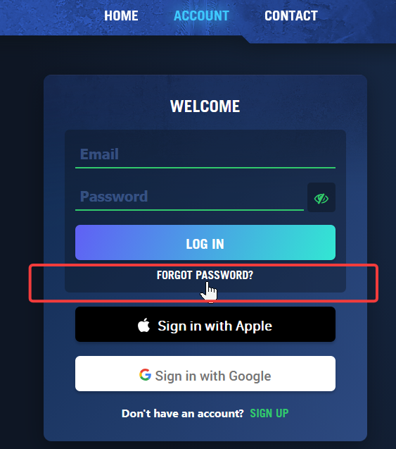 Blackout Rugby login screen with the forgot password link highlighted