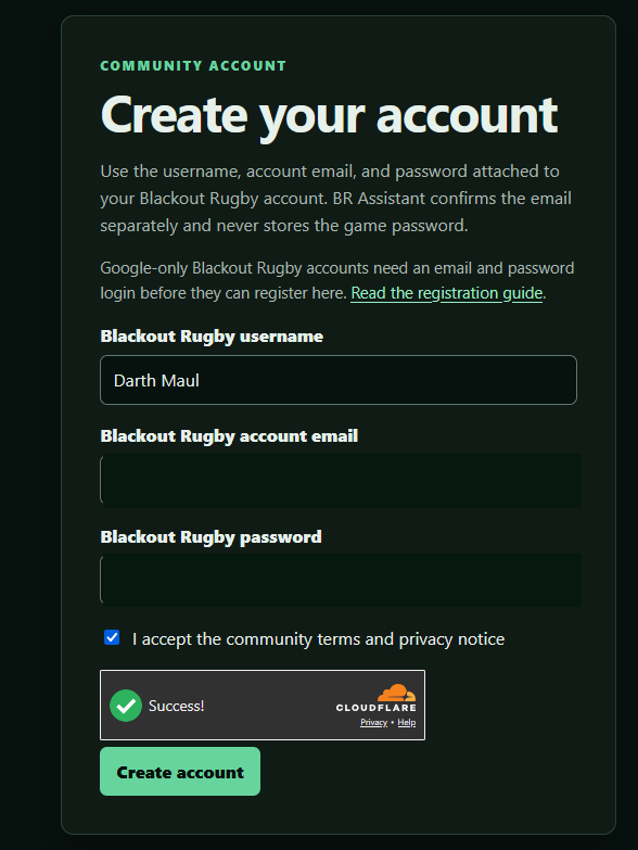 BR Assistant registration form with private email and password fields redacted